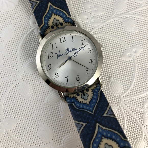 Signed Vera Bradley Navy Fabric  Leather Watch - Picture 1 of 3